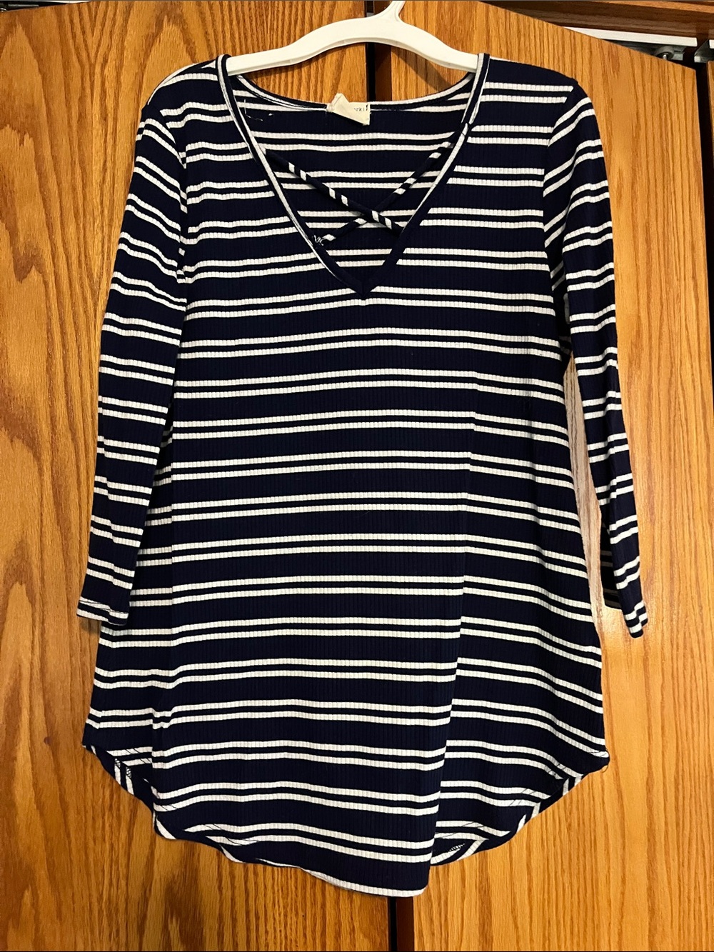 emory park Navy & White Striped V‑Neck Crisscross Tunic Top
